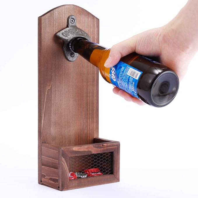 Bottle Opener with Cap Collector Catcher,Vintage Wooden Wall Mounted Bottle Opener，Ideal Gift for Men and Beer Lovers, Use as Bar Decoration.