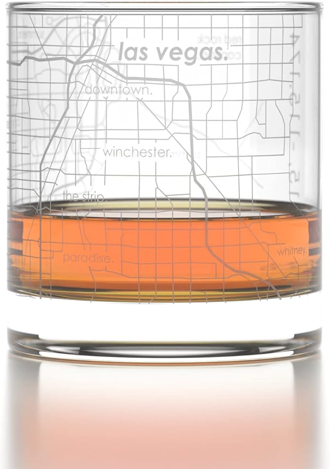 Well Told Engraved Las Vegas Nevada Map Rocks Glass, Old Fashioned Whiskey Glass (11 oz, Clear) Etched Whiskey Glass, Gifts For Whiskey Lovers