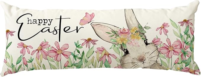 AVOIN colorlife Easter Floral Garland Bunny Long Lumbar Throw Pillow Cover, 14 x 36 Inch Spring Rabbit Long Body Pillow Case for Bed Sofa Bench