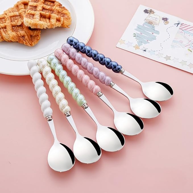 (6 Pieces) 7.48 Inch Exquisite Ceramic Spoon Household Stainless Steel Eating and Drinking Soup Spoon Coffee Spoon Tea Spoon (Beige)