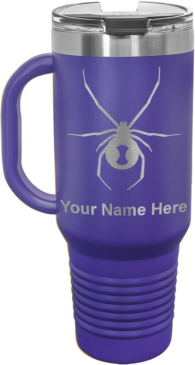 LaserGram 40oz Vacuum Insulated Travel Mug with Handle, Black Widow Spider, Personalized Engraving Included (Dark Purple)