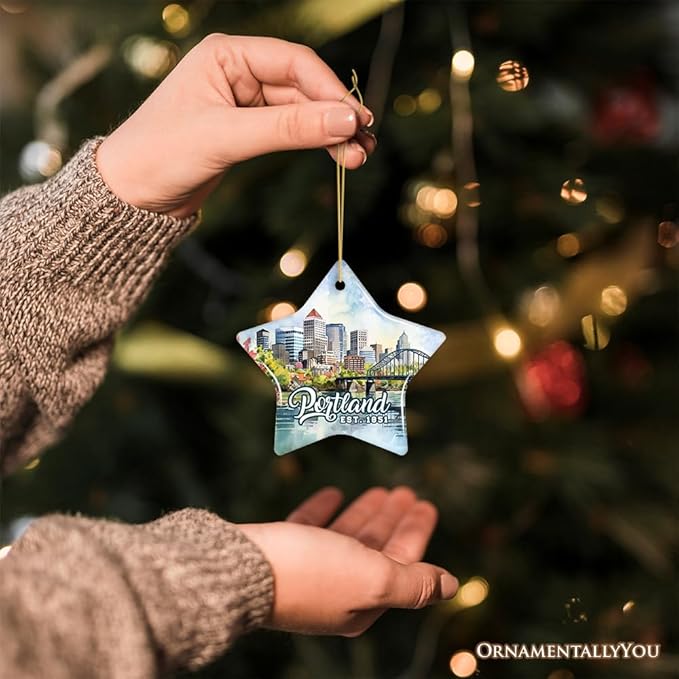 Portland City Skyline Ceramic Ornament, Oregon Travel Souvenir Christmas Decoration