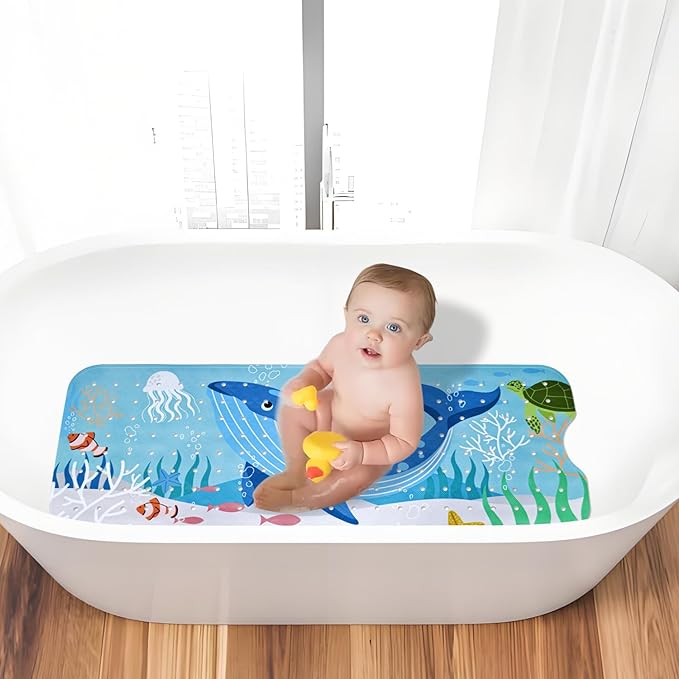Vanleonet Baby Bathtub Mat Non Slip, 40''x16'' Bathtub Mat for Kids, Cartoon Tub Mats Non Slip with Suction Cups & Drain Holes, Machine Washable, Whale, Sea Turtle