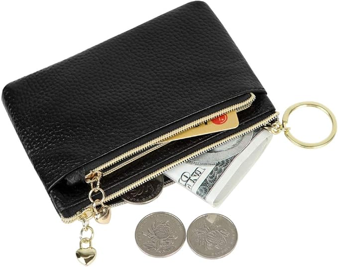 Women's Genuine Leather Coin Purse Zipper Pocket Size Pouch Change Wallet, Black