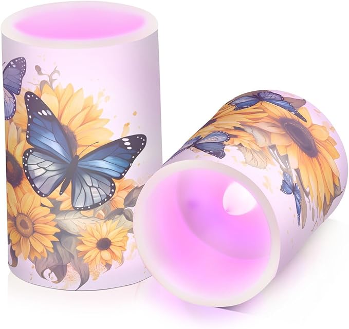 ALAZA Blue Butterflies Sunflowers Flickering Flameless Candles Battery Operated with Remote Timer,Tea Light Candles LED Pillar Votive Candles Set of 2 for Outdoor Indoor Decorations