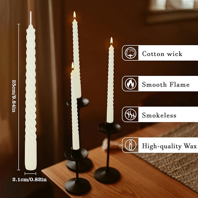 10 Inch Ivory Spiral Taper Candle Set of 12 Pack Unscented Dripless Candlesticks for Valentine's Day,Dinner,Party,Brithday,Wedding,Christmas,and Home Decoration