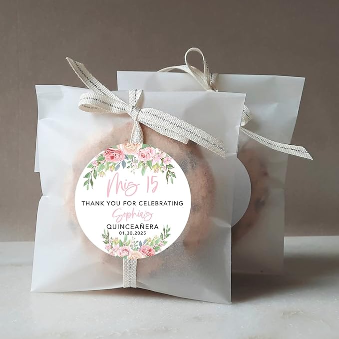Andaz Press 40-Pack Personalized 2" Round Circle Quinceañera Labels, Pink & Cream Roses Custom Thank You Sticker Labels for Mis Quince Años, XV, 15th Birthday Favor Gifts, Quince Decorations