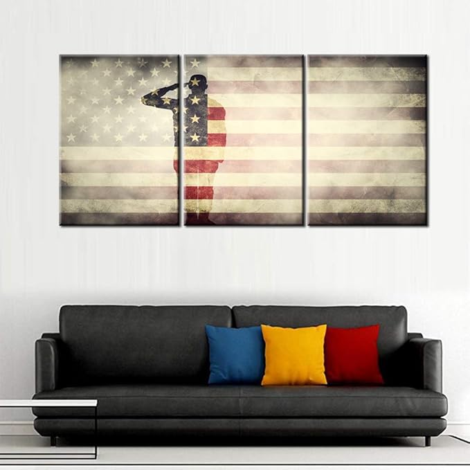 Native American Flag Picture Soldier Saluting Silhouette Paintings 3 Piece Canvas Wall Art for Living Room Stars Stripes Artwork Home Decor Giclee Framed Ready to Hang Posters and Prints(60''Wx 28''H)