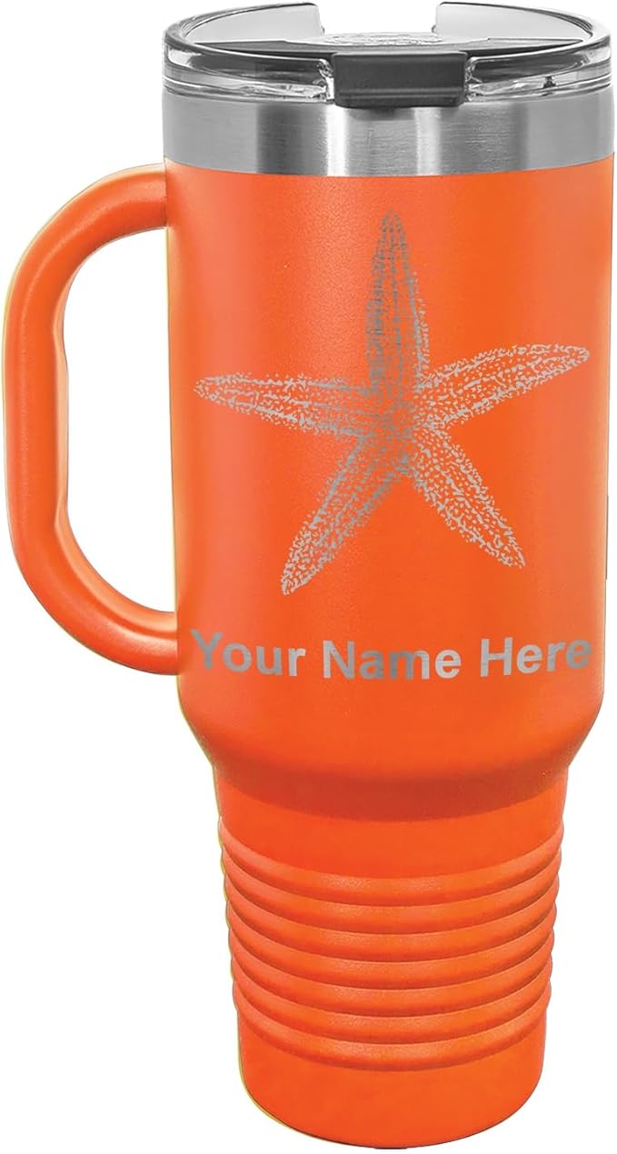 LaserGram 40oz Vacuum Insulated Travel Mug with Handle, Starfish, Personalized Engraving Included (Orange)