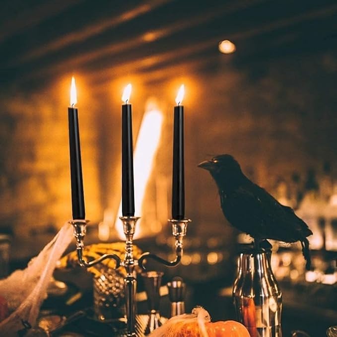 Set of 14 Black Taper Candles, 7-8 Hours Burn Time, Unscented, Smokeless and Dripless, 4/5 x 10 Inch Dinner Candle Set for Halloween,Household, Wedding, Party and Home Décor Candlesticks