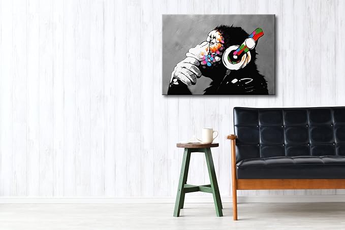 Wieco Art Monkey With Headphones Banksy Graffiti Art Abstract Canvas Painting Posters and Prints Animal Canvas Wall Art for Wall Decor and Home decorations Office Decor