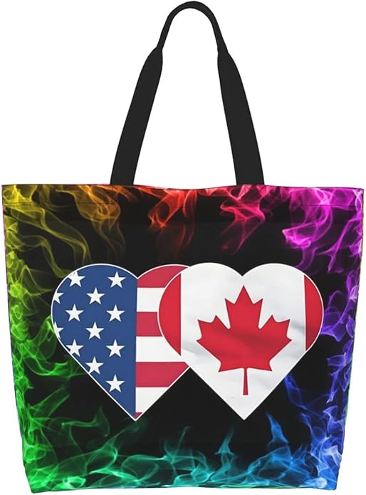 USA Canada Flag Heart Large Reusable Eco-friendly Shopping Bags Portable Storage Handbag