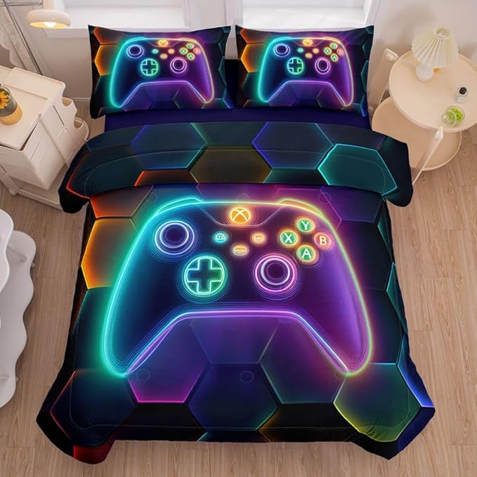 5PCS Gaming Comforter Sets Twin,Twin Comforter Set for Boys,Gaming Geometry Bed Set for Boys,Adults,Teens,All Season Use