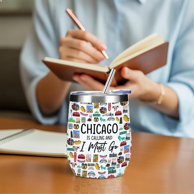 Chicago Gifts Travel Souvenir Wine Tumbler 12 oz Insulated Wine Glass Cup with Lid Straw Vacuum Insulated Cup,Travel Lover Gifts for Women Men Friend Bestie Birthday Christmas Halloween