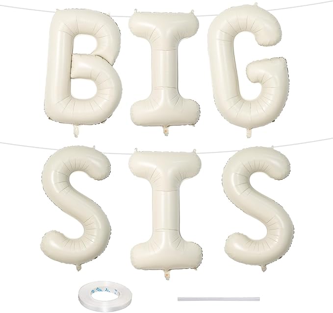 40 Inch Cream BIG SIS Balloons, Large Beige Neutral Big Sis Balloon Letters Sign with Ribbon, Ivory White Sand Baby Girls Balloon for Her Birthday Baby Shower Gender Reveal Party Decoration Supplies