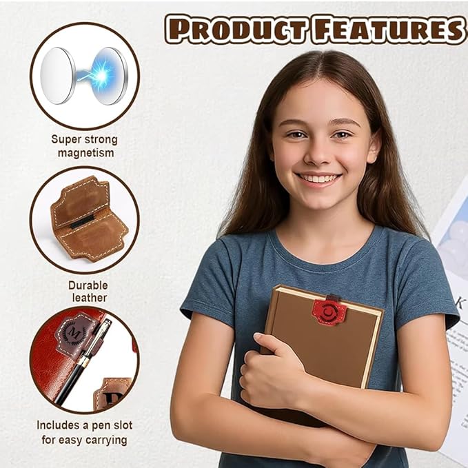 Custom Bookmark with Pen Holder with 26 Letters Personalized Magnetic Leather Book Mark, Customized Name Book Marker Clip with Initial for Men Women, Gifts for Book Lovers, Readers, (Brown, V)