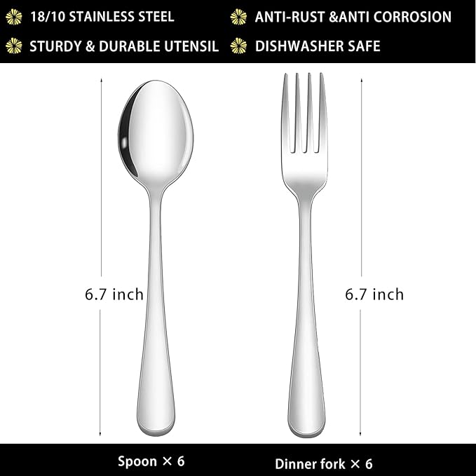 12 Pcs Spoons and Forks Set, Top Food Grade Stainless Steel Forks and Spoons Silverware Set,Forks and Spoons Cutlery Set, Mirror Finish & Dishwasher Safe