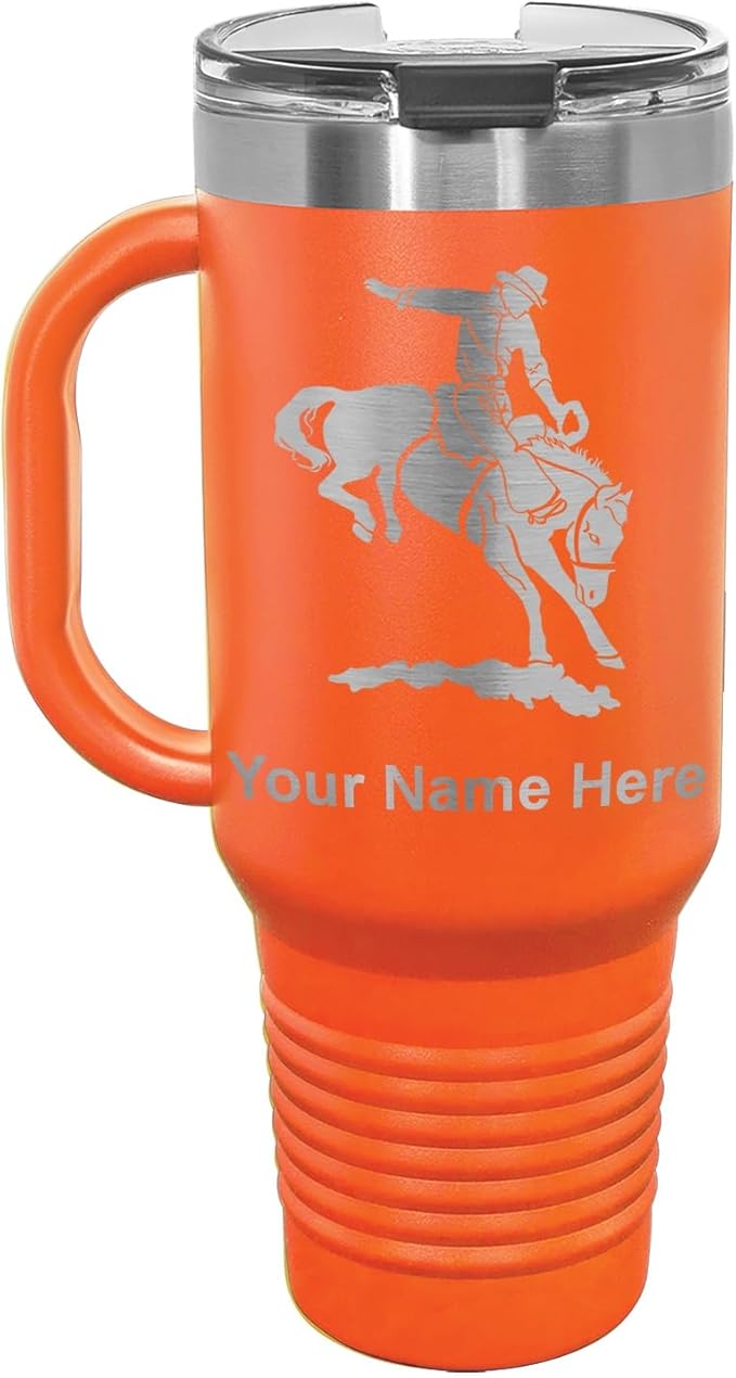 LaserGram 40oz Vacuum Insulated Travel Mug with Handle, Bronco Rider, Personalized Engraving Included (Orange)