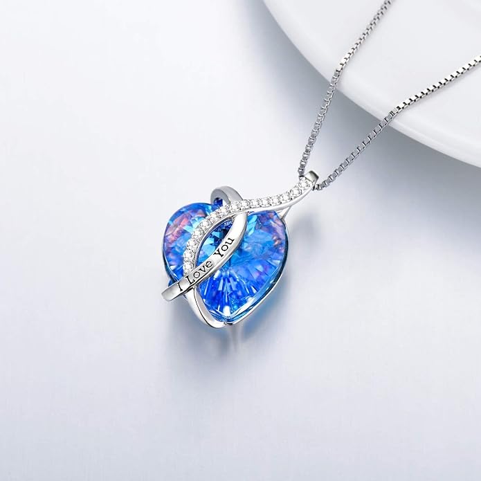 AOBOCO I Love You Sterling Silver 12 Birthstone Heart Pendant Necklace Embellished with Crystals from Austria, Mother's Day Anniversary Birthday Jewelry Christmas Gifts for Women Grandma Nana