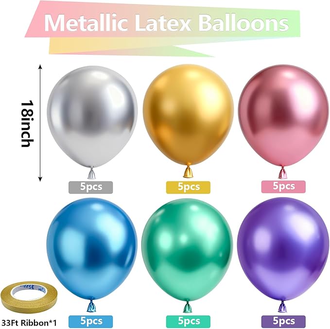 Bezente Metallic Chrome Balloons 18 Inch - 30 Pack Assorted Latex Balloons Big Round Colorful Party Balloons for New Years Birthday Bridal Shower Wedding Decorations 2026