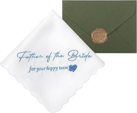 Wedding Handkerchief Something Blue for Bride, Mother Father of the Brides Groom Gifts, Embroidered Happy Tears Cotton Hanky