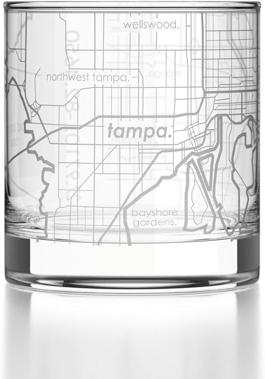 Well Told Engraved Tampa Bay Florida Map Rocks Glass, Old Fashioned Glassware (11 oz, Clear) Etched Bourbon Tumbler, Gifts For Whiskey Lovers