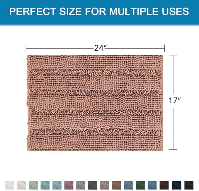 H.VERSAILTEX Bathroom Rugs Bath Rugs for Bathroom Non Slip Bath Mats Extra Thick Chenille Striped Rug 17" x 24" Absorbent Soft Shaggy Washable Dry Fast Bath Mats - Muted Clay