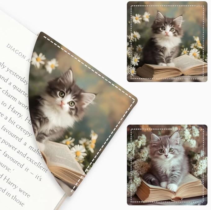 2PCS Leather Bookmarks 3.54 x 3.54 Inch Cute Gray Kitten with Flowers and Book Design Reading Accessories for Books Journals Bibles Travel Diary Students Teachers and Book Lovers Gift