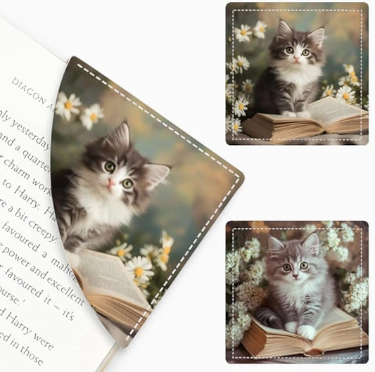2PCS Leather Bookmarks 3.54 x 3.54 Inch Cute Gray Kitten with Flowers and Book Design Reading Accessories for Books Journals Bibles Travel Diary Students Teachers and Book Lovers Gift