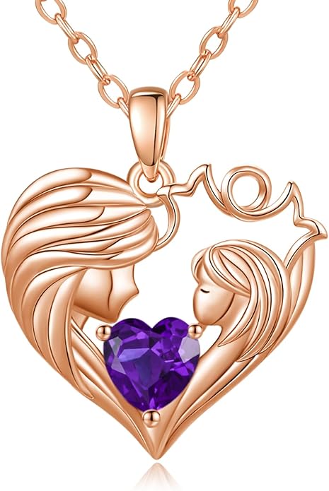 Mother and Daughter/Son Love Heart Necklace White Gold/14K Gold/Rose Gold Birthstone Jewelry Christmas Mothers Day Birthday Gifts For Mom Wife Grandma Women