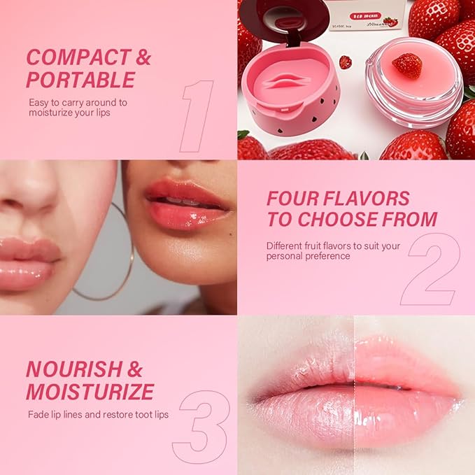 Fruit Lip Mask Set with Honey & Vitamin E, Moisturizing Overnight Treatment, Effective Reduces Lip Lines Prevention Dry and Cracked (4 Flavors)