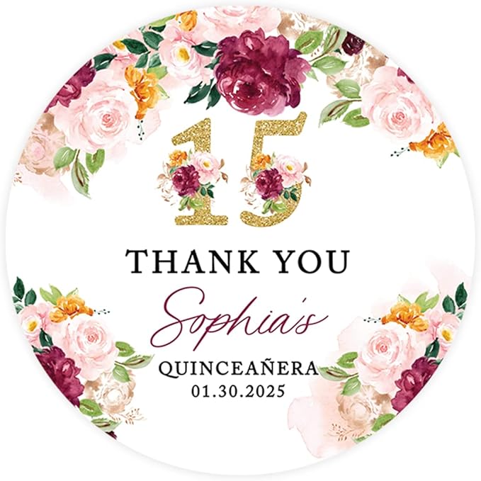 Andaz Press 40-Pack Personalized 2" Round Circle Quinceañera Labels, Burgundy & Blush Florals Custom Thank You Sticker Labels for Mis Quince XV, 15th Birthday Favor Gifts, Quince Decorations