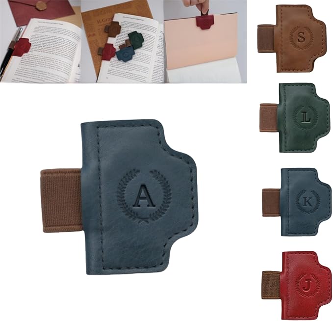 Personalized Magnetic Bygone Mark Bookmark with Pen Holder, 26 Letters Name Initial Custom Leather Book Mark for Women, Gifts for Book Lovers and Readers (Blue,A)