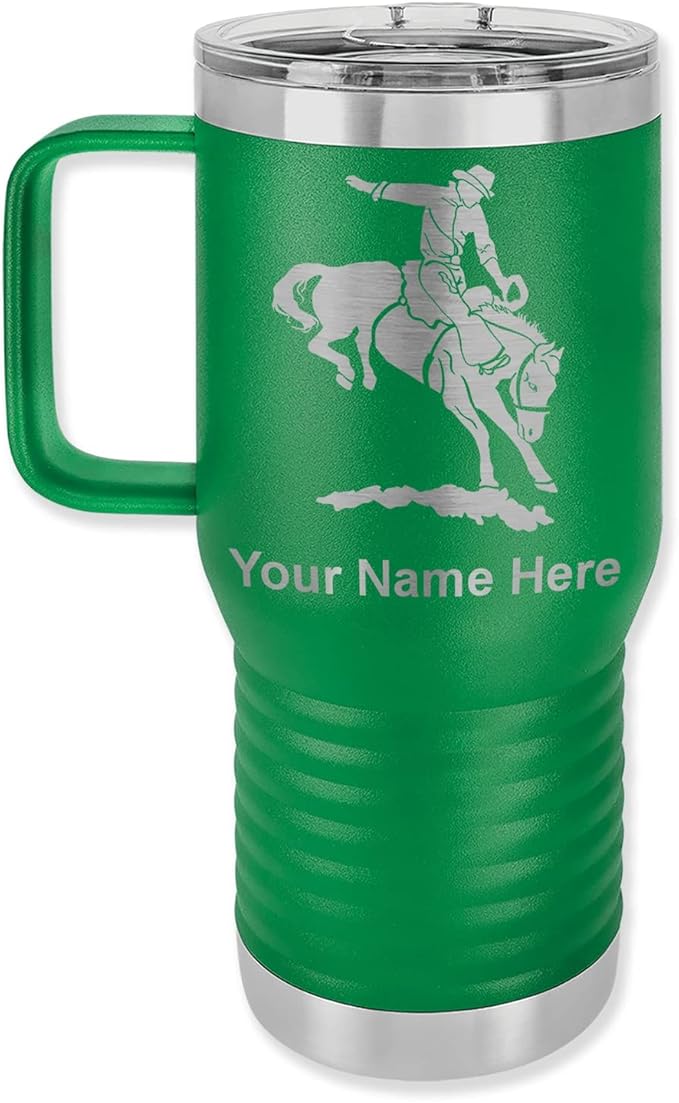 LaserGram 20oz Vacuum Insulated Travel Mug with Handle, Bronco Rider, Personalized Engraving Included (Green)
