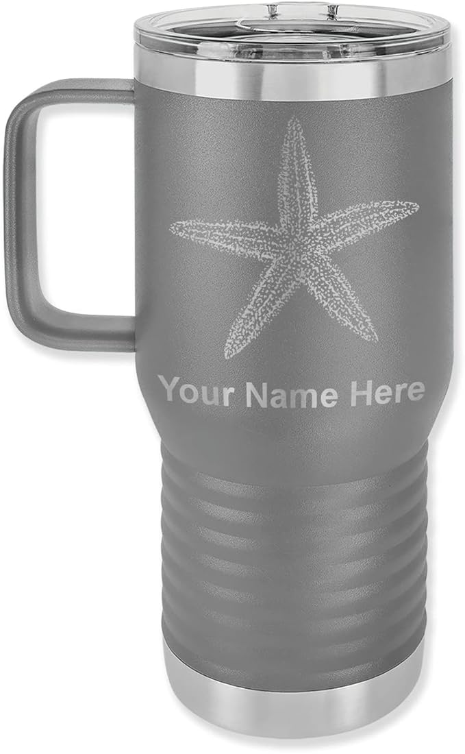 20oz Vacuum Insulated Travel Mug with Handle, Starfish, Personalized Engraving Included (Gray)