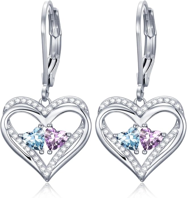 Heart Leverback Earrings Double Birthstone Dangle Earrings for Women, Love Jewelry for Her, Christmas Gifts for Women, Anniversary Birthday Gift for Mom Wife Girlfriend