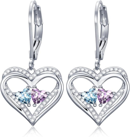 Heart Leverback Earrings Double Birthstone Dangle Earrings for Women, Love Jewelry for Her, Christmas Gifts for Women, Anniversary Birthday Gift for Mom Wife Girlfriend