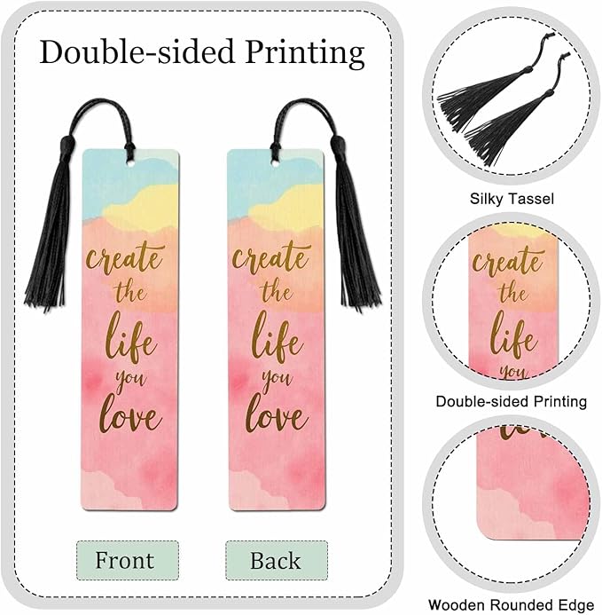 Create Life 5 Pcs Bookmarks Pink Blue Tie Dye Wooden Bookmarks with Tassel for Students Reader Teachers Book Lovers