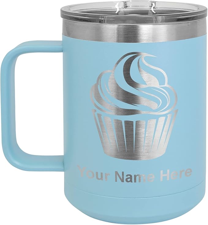 LaserGram 15oz Vacuum Insulated Coffee Mug, Cup Cake, Personalized Engraving Included (Light Blue)