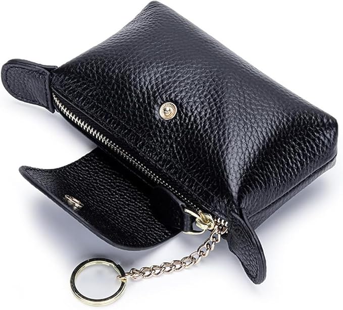 Genuine Leather Wallet Zipper Coin Purse Key Ring Card Organizer Compact Storage for Women (Black)