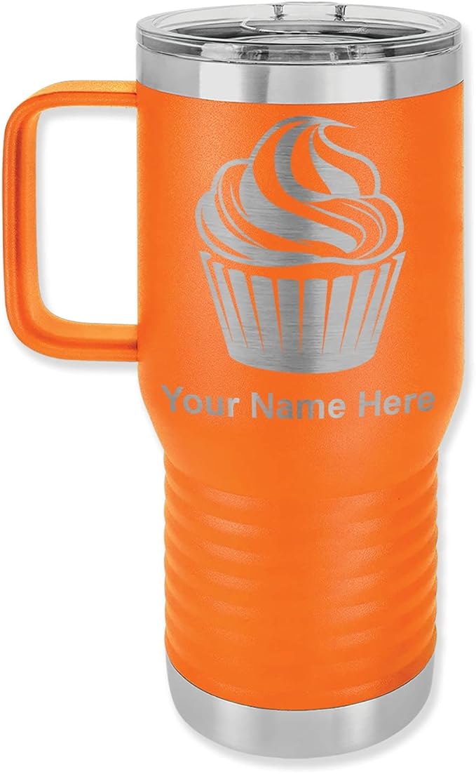 LaserGram 20oz Vacuum Insulated Travel Mug with Handle, Cup Cake, Personalized Engraving Included (Orange)