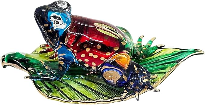 WitnyStore 3" Multicolor Gold Dot Frog on Leaf Artistic Blown Glass Figurine Premium Hand-Blown Statue Tabletop Decoration Unique Collectible for Adult Collectors Handcrafted Elegant Home Room Decor