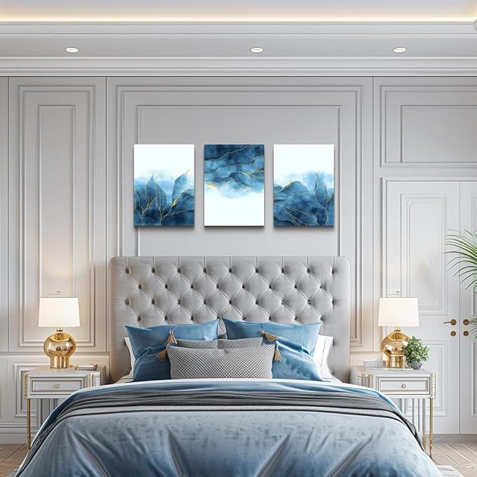 Abstract Canvas Wall Art For Living Room, Bedroom, Office Decoration - Gray Blue Canvas Pictures, Modern Home Decor - 16x12 Inch/ 3 Piece