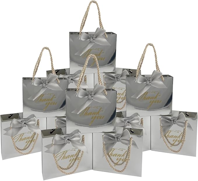 TKSBAG 50 Pack Small Thank You Gift Bags with Handles, 5.5''x 2.5''x4.7'' Mini Silver Gift Bags Bulk for Baby Shower, Birthday, Wedding, Party Favors