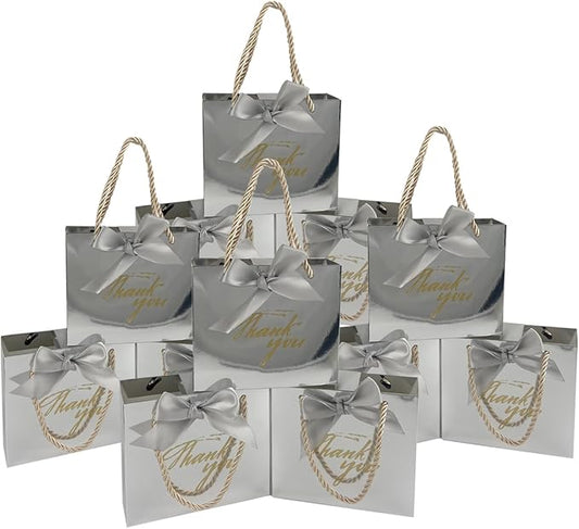 TKSBAG 50 Pack Small Thank You Gift Bags with Handles, 5.5''x 2.5''x4.7'' Mini Silver Gift Bags Bulk for Baby Shower, Birthday, Wedding, Party Favors