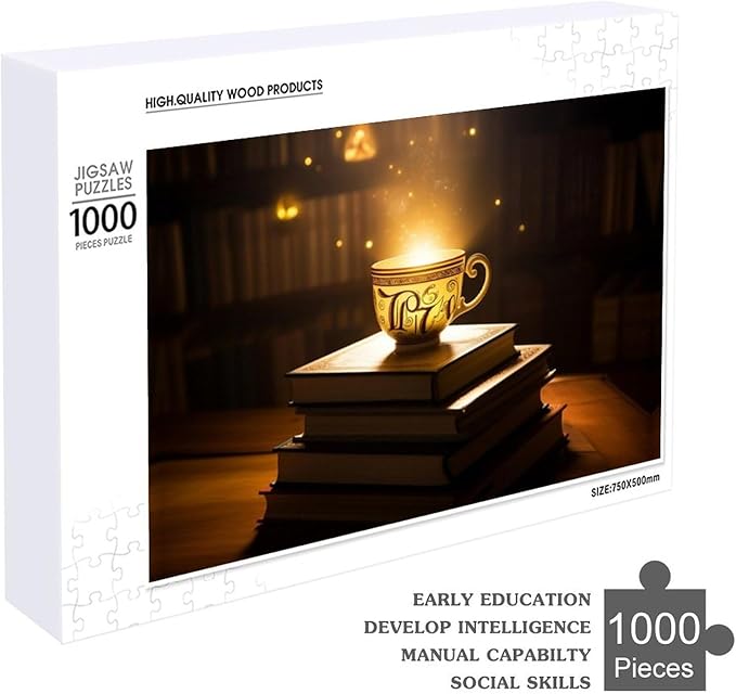 Wooden Puzzle - Hot Tea On A Book Rounded Corner Jigsaw Puzzles，Wooden Puzzles for Adults 1000 Pieces Challenge Puzzles，Educational Games，Family Puzzles，Unique Gifts for Wall Art