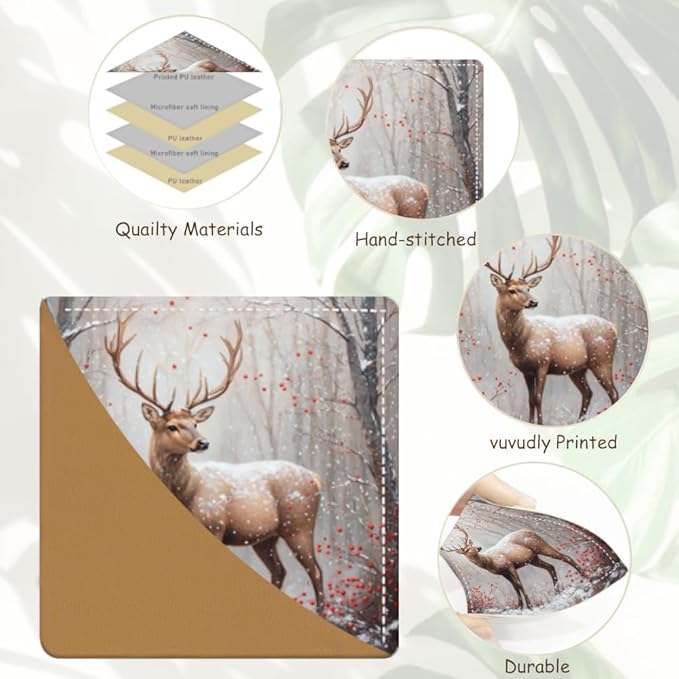 2PCS Leather Bookmarks 3.54 x 3.54 Inch Winter Deer with Red Berries Snow Forest Design Reading Accessories for Books Journals Bibles Travel Diary Students Teachers and Book Lovers Gift