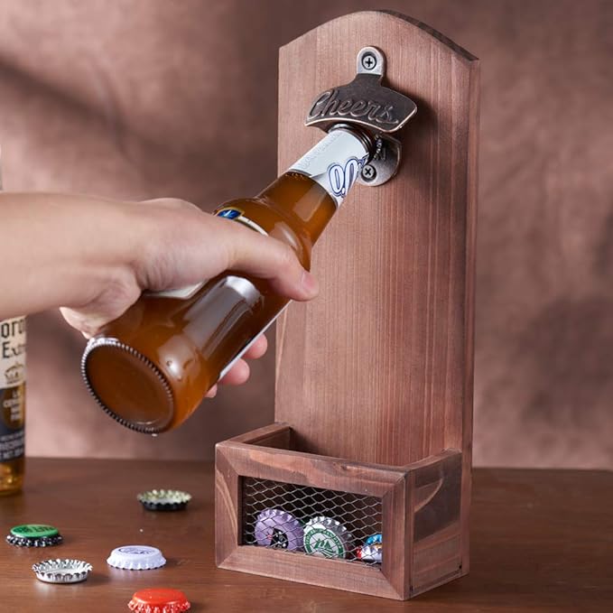 Bottle Opener with Cap CollectorCatcher,Vintage Wooden Wall Mounted Bottle Opener, Ideal Gift for Men and Beer Lovers, Use as Bar Decoration.