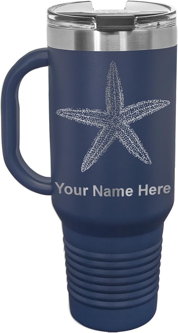 LaserGram 40oz Vacuum Insulated Travel Mug with Handle, Starfish, Personalized Engraving Included (Navy Blue)