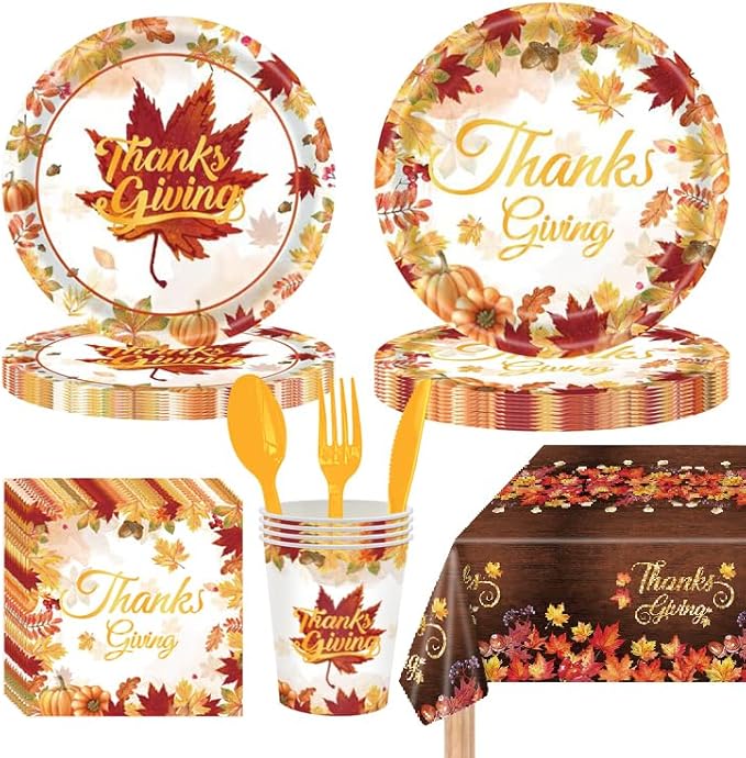 Thanksgiving Themed Party Decorations, Give Thanks Banner, Turkey Maple Leaf Backdrop And Tablecloth, Cake Topper, Latex Balloons, Hanging Swirls, Tableware Set for Party Supplies (Thanksgiving)